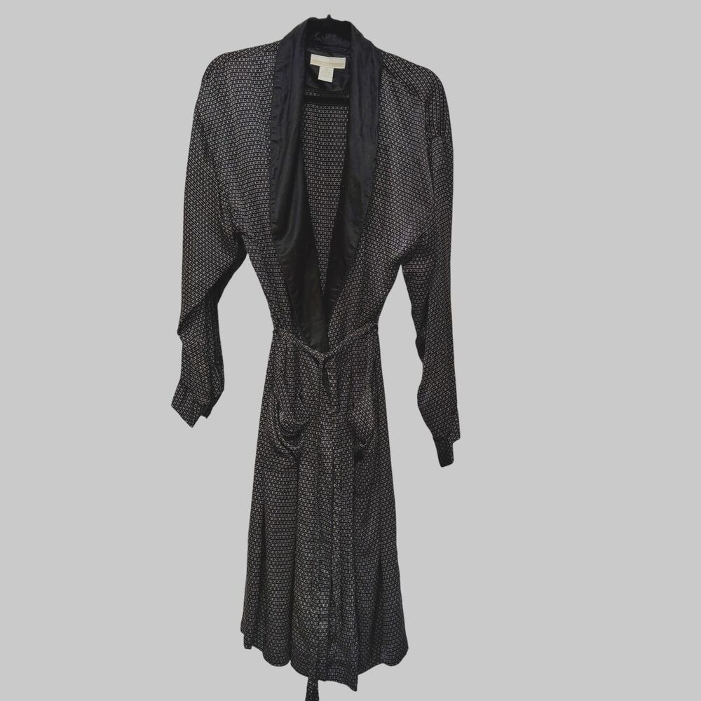 VTG 80s Perry Ellis 100% Silk Black Geometric Belted Robe Dressing Gown Medium